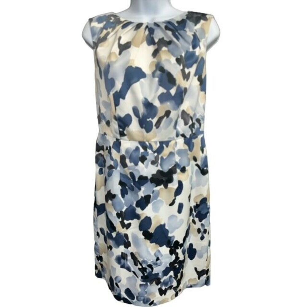 Ann Taylor Dress size 4 Blue White Beige Shiny Polyester Lined Zipper Sleeveless